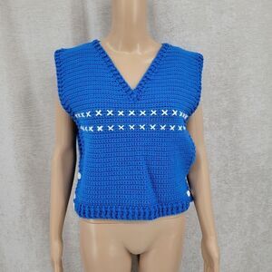 Vintage Hand Crochet Sweater Vest Side Button Details Blue with White X Pattern